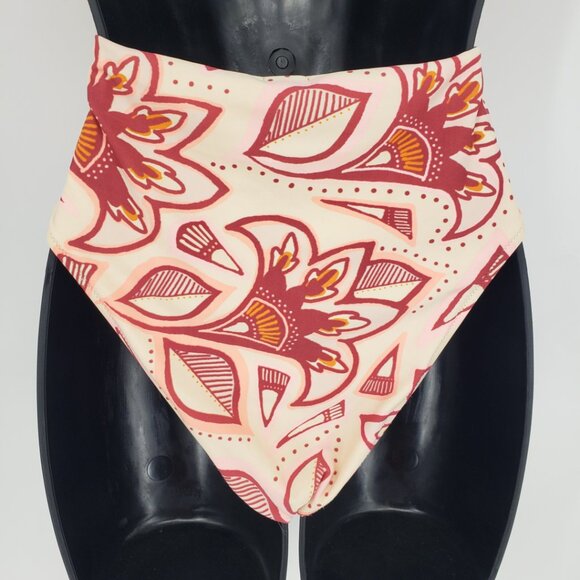 Aerie Boho Floral Print Cut Out Open Back One Piece Swimsuit S  Peach Red - Picture 9 of 10